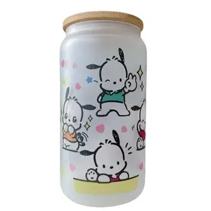 Adorable Pochacco 16oz Frosted Glass Cup with Bamboo Lid and Glass Straw