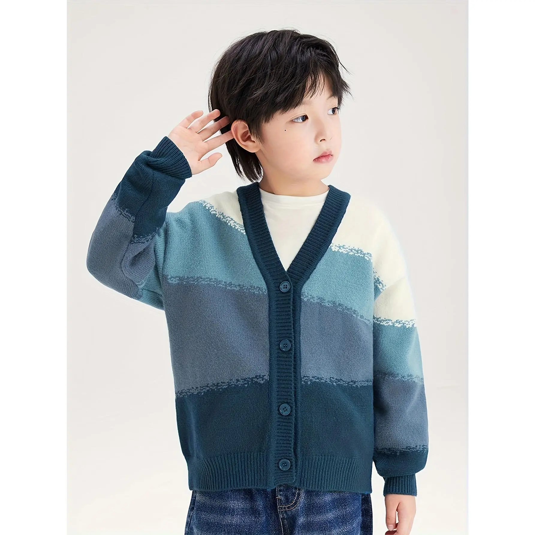 Boys' Button-Up Cardigan Sweater - Autumn-Winter Velvet Knit Fabric Outerwear with Polyester, Elastane, Slight Stretch, Long Sleeves, Notched Button Placket, Casual Wear for 3-4Y,5-6Y,7-8Y,9-10Y Kids, Hand Wash Only