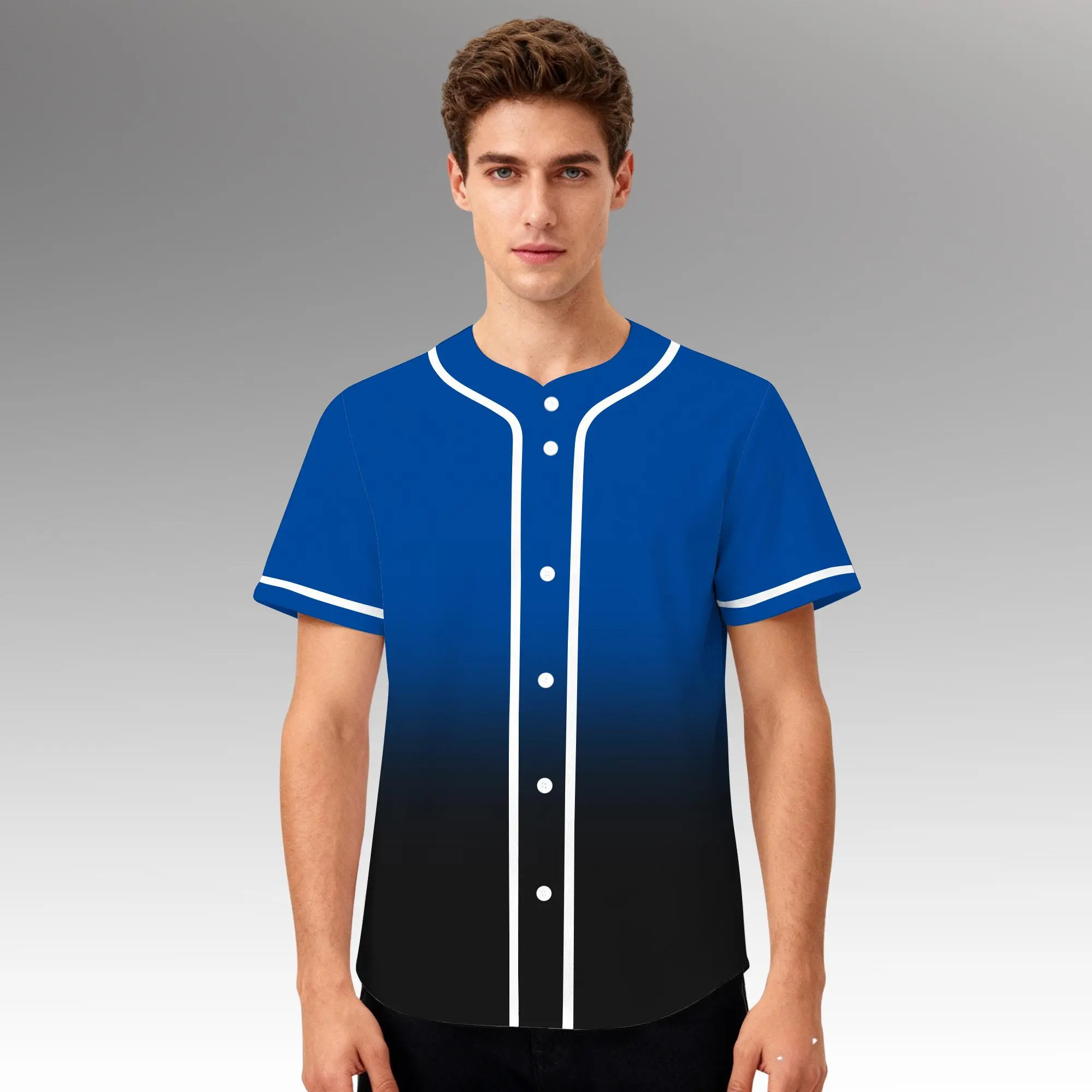 Customizable Unisex Softball Jersey, Short Sleeve Button Up with Blue Gradient Design, Breathable Quick-Dry Polyester Fabric for Teams, S, Quick-Dry Fabric