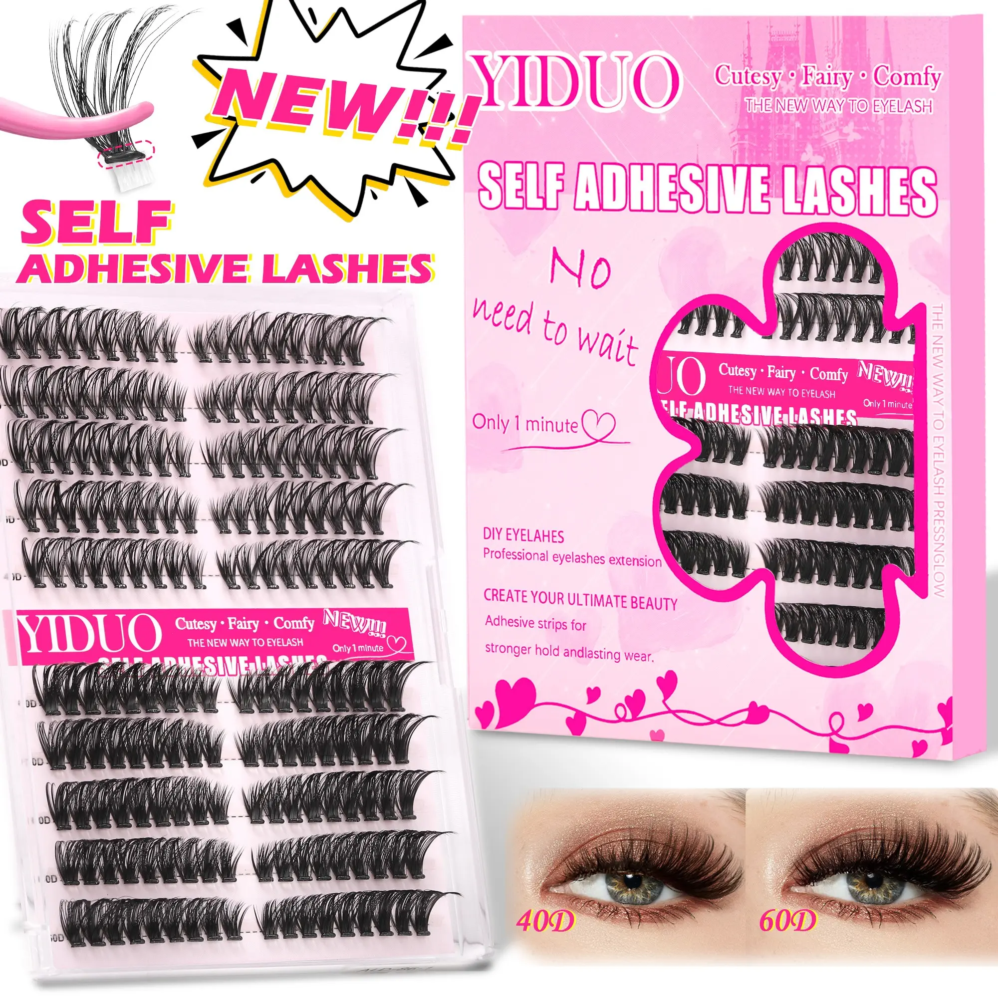 YIDUO Self-Adhesive False Eyelashes: 40D/60D/Press-on False Eyelashes, Pre-Glued DIY Eyelash Extension Products, 10–18mm D Curvature, Individual Eyelash Extensions, No Glue Required, Easy to Apply, Gift Set