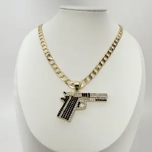 Hand Gun Necklace 14k Gold Plated Cuban Link Men Jewelry