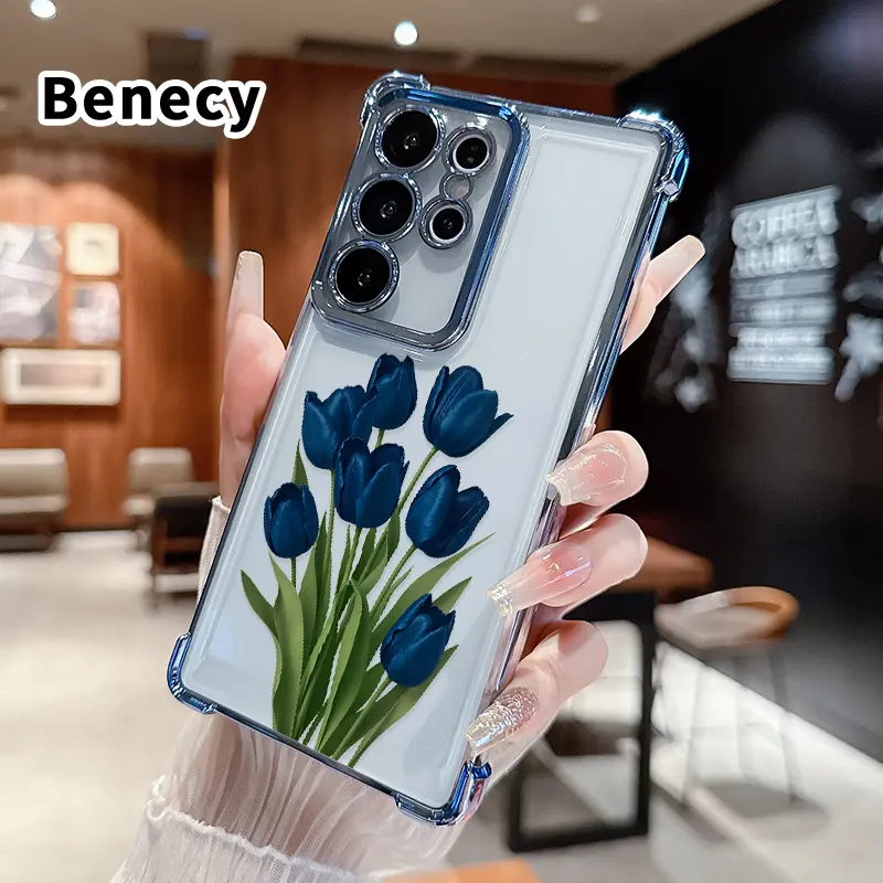 Phone Case Compatible with Samsung Galaxy S26 Ultra S24 Plus S25 S22+ FE Edge Blue Tulip Grace Pattern Four-Corner Airbag Full Coverage Protective Shockproof Casing