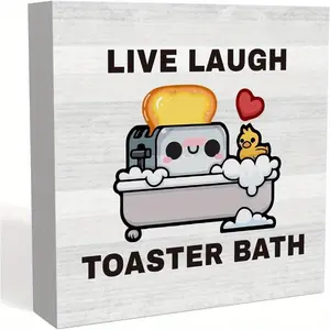 Christmas Halloween Decoration, Funny Live Laugh Toaster Bath Sign - Dark Humor Gift for Half Bathroom, Toilet, Farmhouse Restroom, Guest Bathroom - 5 x 5 inch Wood Sign Bathroom Decorations