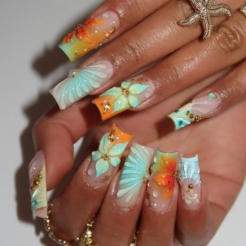 Hibiscus Flower & Seashell Press On Nails | Luxury Tropical Ocean Nail Set | Long Square Beach-Inspired Fake Nails