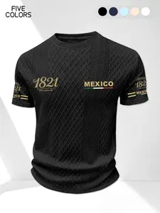 Mexico Themed Texture Short Sleeve T Shirt with Mexico Flag and Coat of Arms Print, Available in Five Colors, Casual Summer Fashion for Men