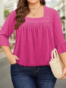 【Plus Size】 Solid Square Neck Tee, Basic Casual T-shirt for Summer, Women's Clothing for Daily Wear, Casual Everyday Wear, Top