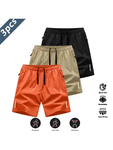 Men's Lightweight Quick-Dry Breathable Shorts Set of 3, Casual Sports Anti-Wrinkle 100% Polyester Pure Color Reflective Stripes, Solid Sports Shorts