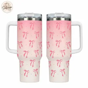 40oz Pink Bow Insulated Tumbler, Stainless Steel Hydration Tumbler with Handle, NO STRAW Included, Travel Mug for Iced Drinks, Gift for Her