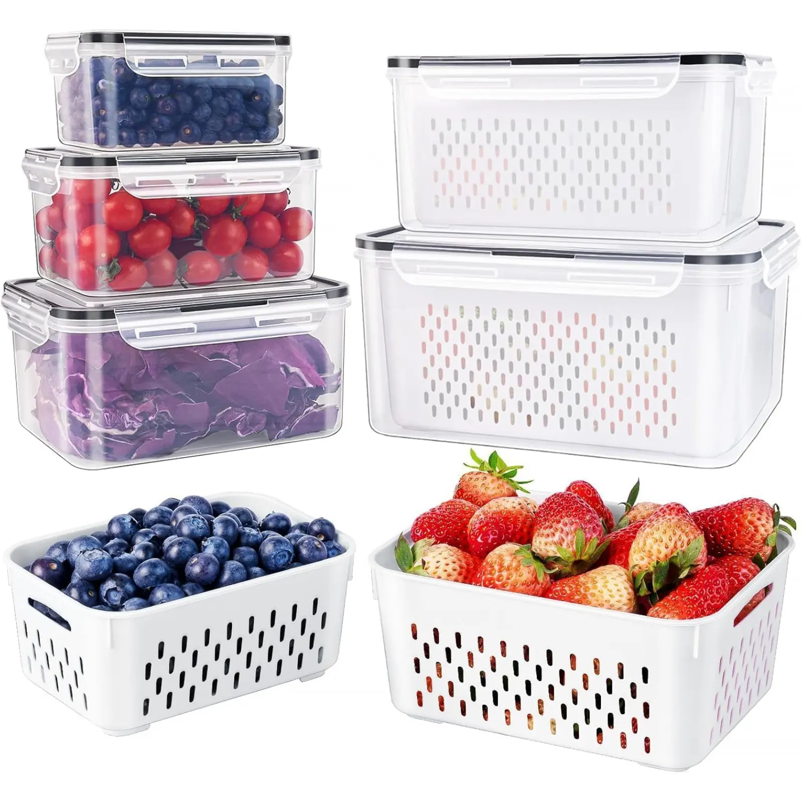 5 PCS Large Fridge Food Storage Containers - Leakproof Kitchen Preserving Containers with Removable Colander, Dishwasher & Microwave Safe, Extends Produce, Meat Freshness