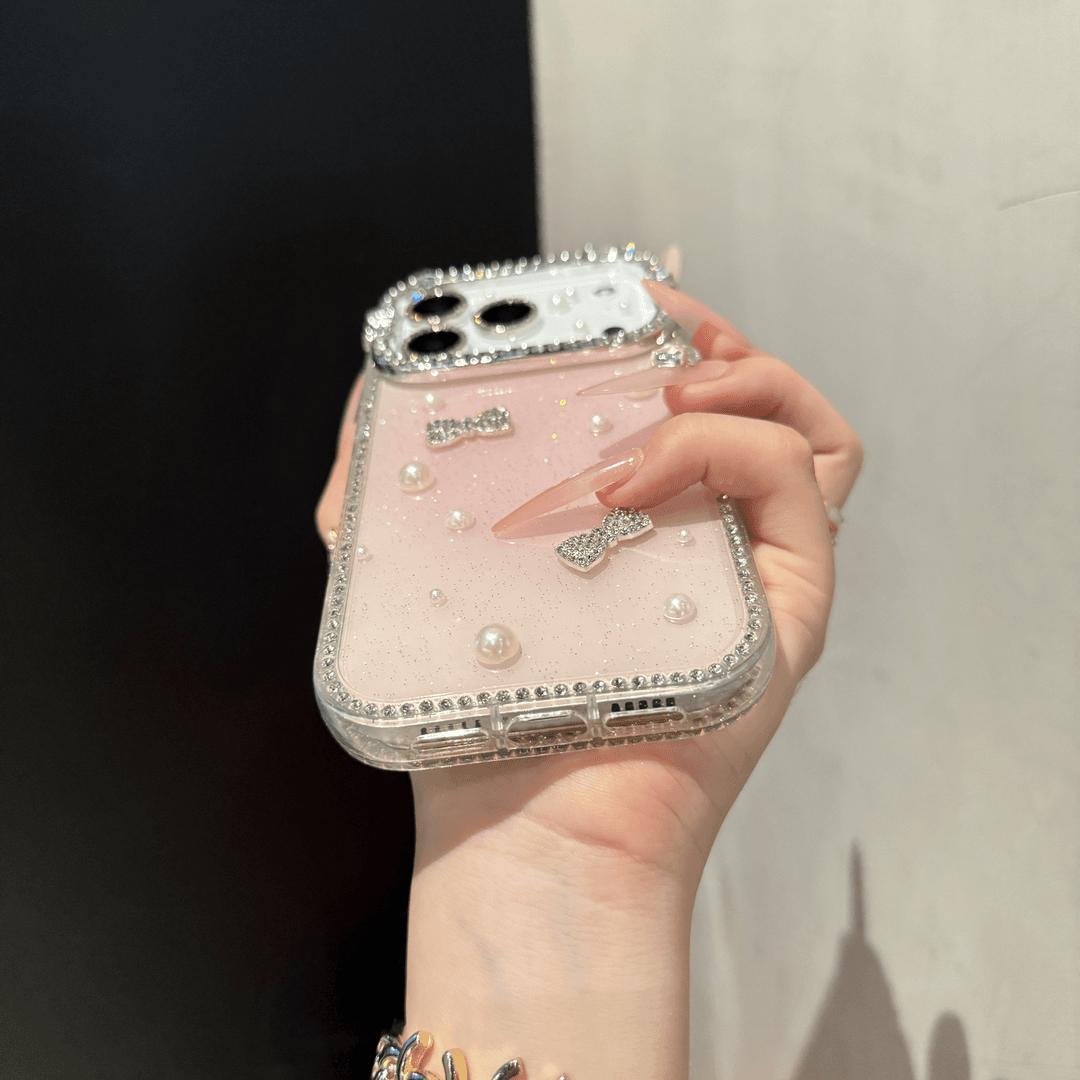 DIY Glitter Clear Phone Case with Pearl & Rhinestone Bow Charms, Bling Cat Ear Diamond Frame Customizable Protective Cover for IP 17 Pro max, 16plus, 15, 14, 13 junk