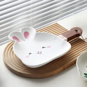 Easter Gift Ceramic Plate with Wooden Handle, Cute Bunny Pattern, Dishwasher Safe, Modern Elegant Tableware for Home Use