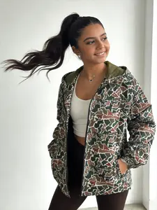 Women's Lightweight Camouflage Hooded Jacket - Casual Loose Fit, Full Front Zip & Side Pockets, Durable Polyester, Stand Collar, Ideal for Spring & Fall, Outdoor Clothing | Sporty Jacket | Polyester Jacket