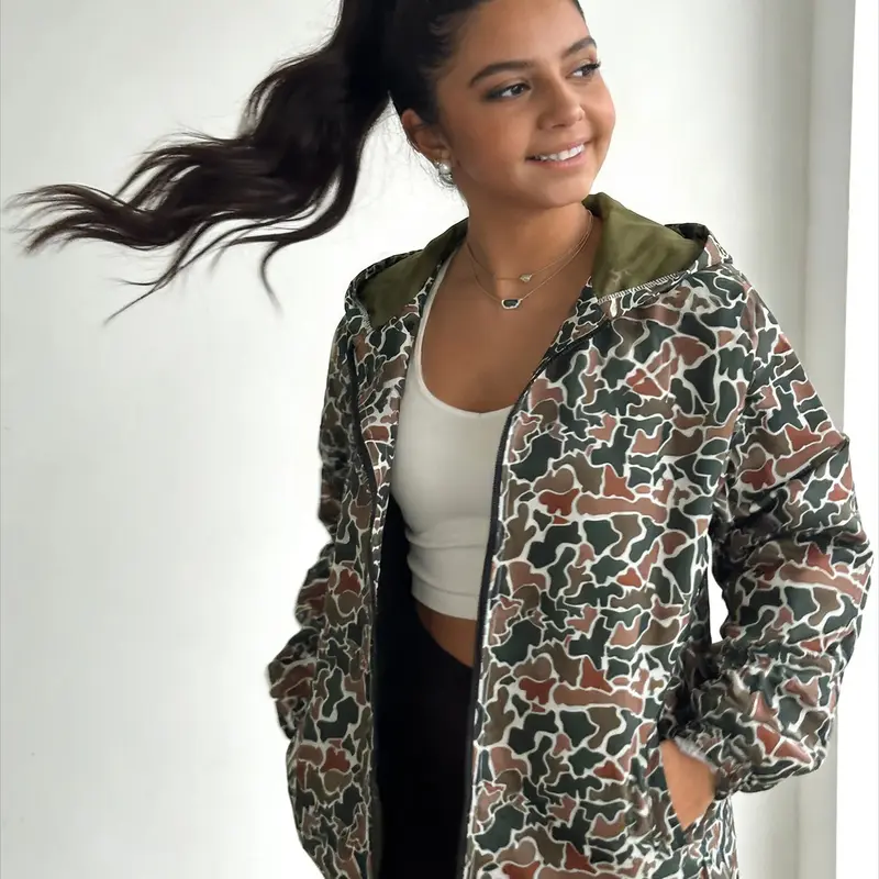 Women's Lightweight Camouflage Hooded Jacket - Casual Loose Fit, Full Front Zip & Side Pockets, Durable Polyester, Stand Collar, Ideal for Spring & Fall, Outdoor Clothing | Sporty Jacket | Polyester Jacket