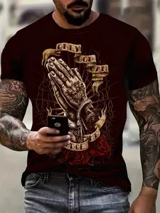 Men's Casual Jesus Prayer Print Short Sleeve, 3D Print Sporty Short Sleeve, Micro Stretch Fabric, Fun Round Neck Shirt