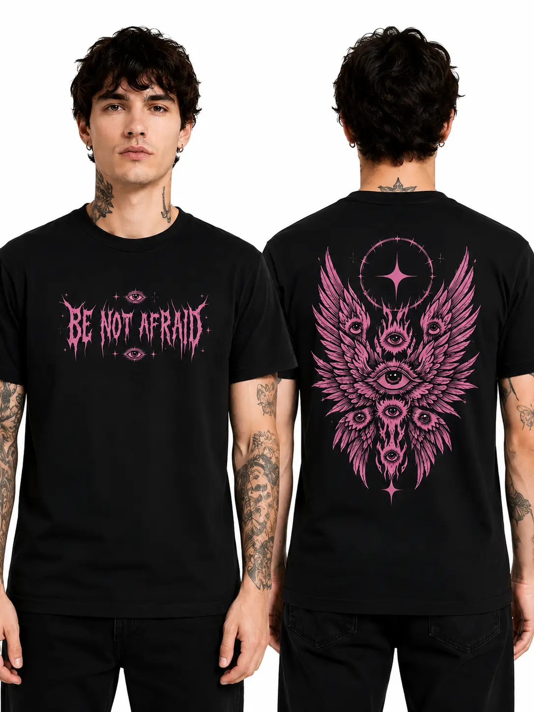 Women's Round Neck Short-Sleeve Soft Cotton Fabric T-Shirt, Gothic Pink Front-Back Print Angel Eye Graphic Top, Unisex Gothic Streetwear for Casual Wear, Shortsleeve, Alternative Streetwear, Gothic Streetwear Women's T-Shirts