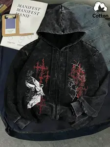 Men's Dark Angel Gothic Print Vintage Long Sleeve Hoodie, Soft Skin-Friendly Comfort, Washed Look, Zipper Hood, Loose Fit, Casual Spring & Fall Wear