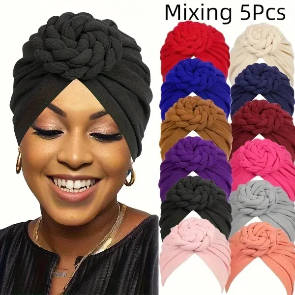 5pcs African Indian Style Hair Cap, Bohemian Ethnic Style Solid Color Headscarf Cap, Elastic And Comfortable Women'S Sports Yoga Hair Cap Random Color