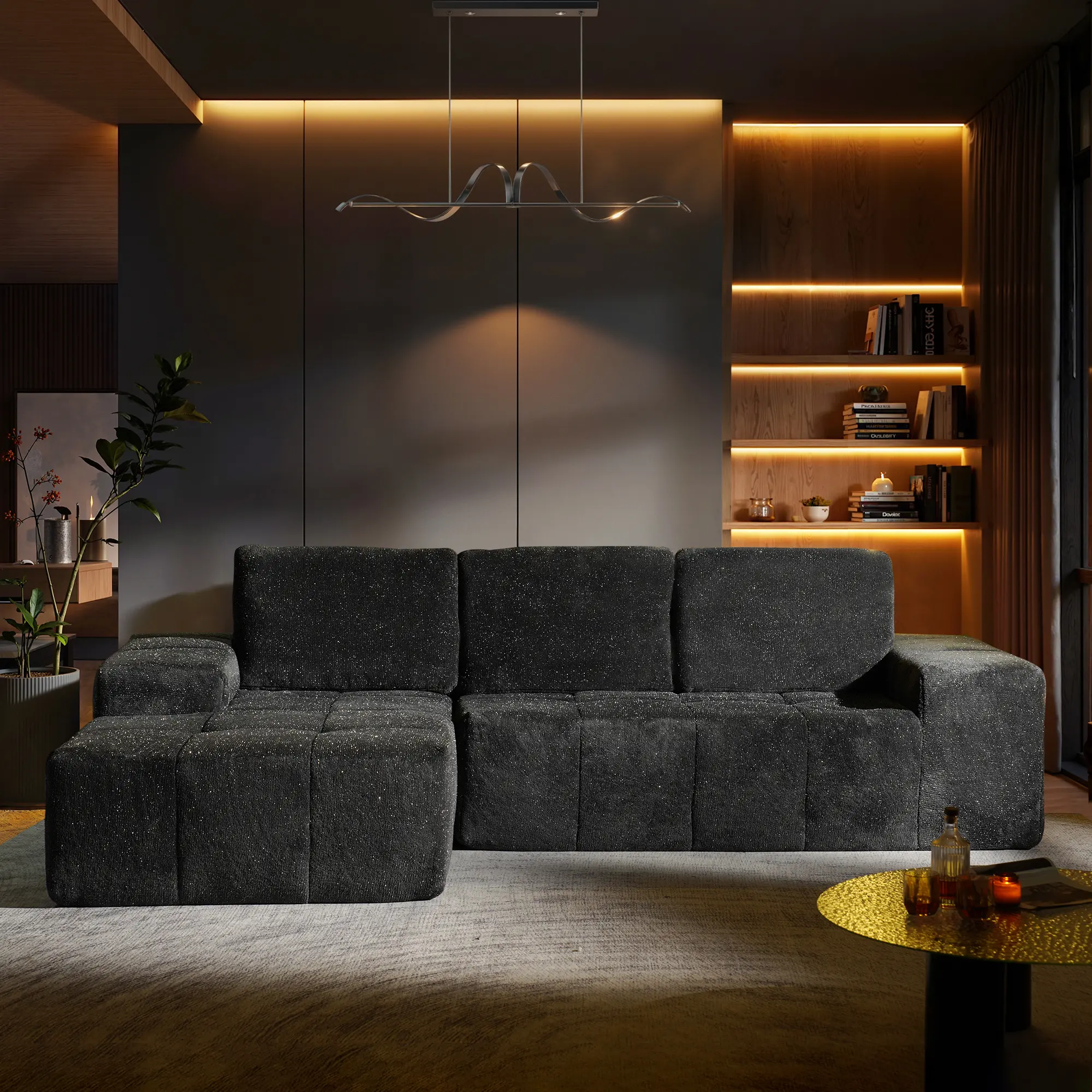 Stardust Grey Shimmer Plush Left Chaise