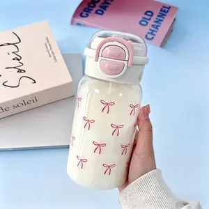 Bow-patterned water bottles, 500ml each, cute and portable, with straw, suitable for home, office, school, and outdoor use - summer travel drink cups.
