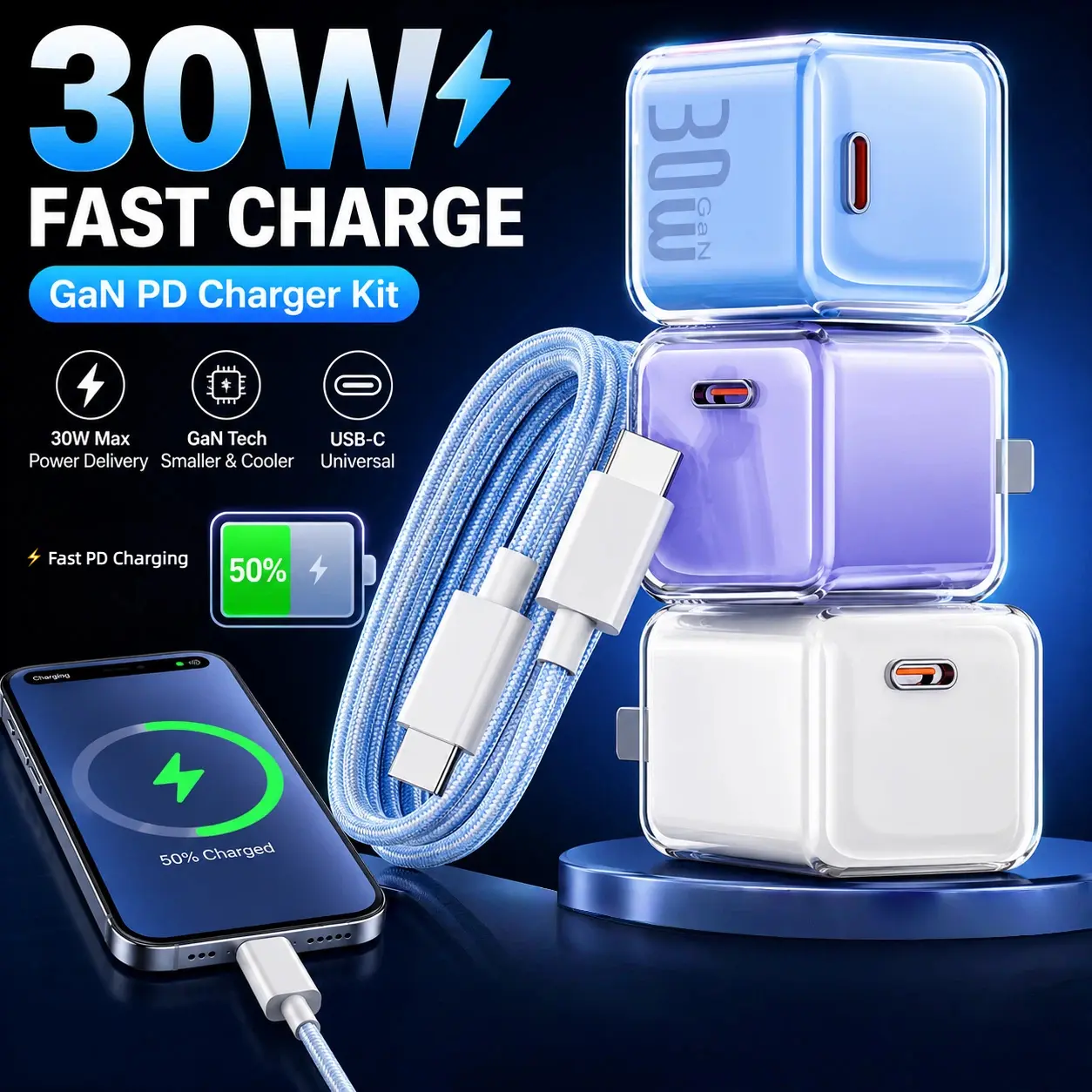 30W PD Gallium Nitride Fast Charging Bundle Charger - Transparent Ice Crystal Design, USB-C Data Cable, Type-C Adapter Plug, Portable Multi-Device Fast Charger for iPhone 16/15/14, Samsung Galaxy Smartphone, Fast Chargers White