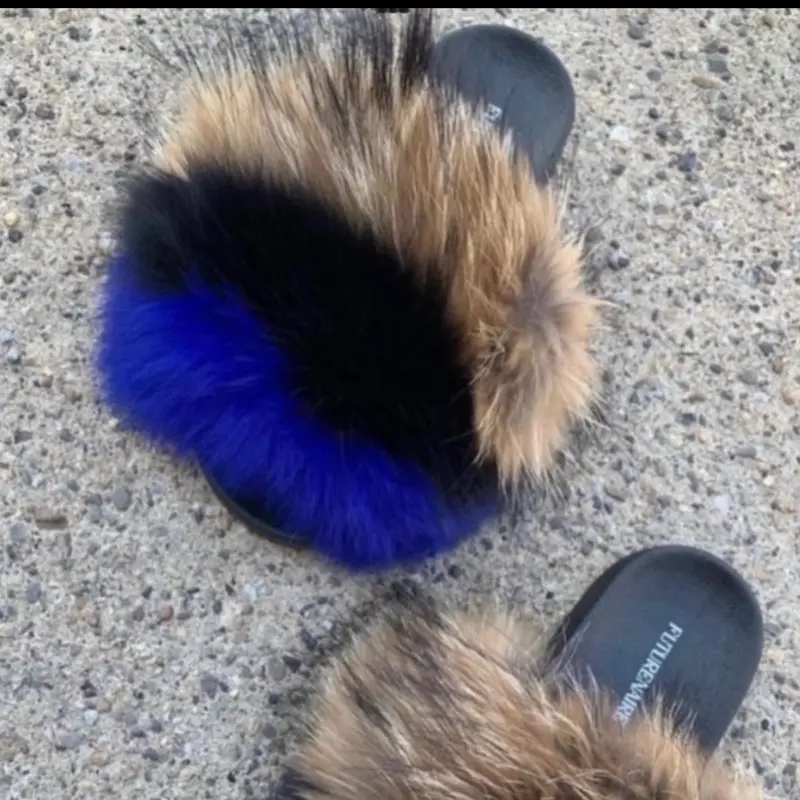 Blue Roxanne Fluffy Slides Women Flipflop Walking Shoes Footwear Slipper Comfort