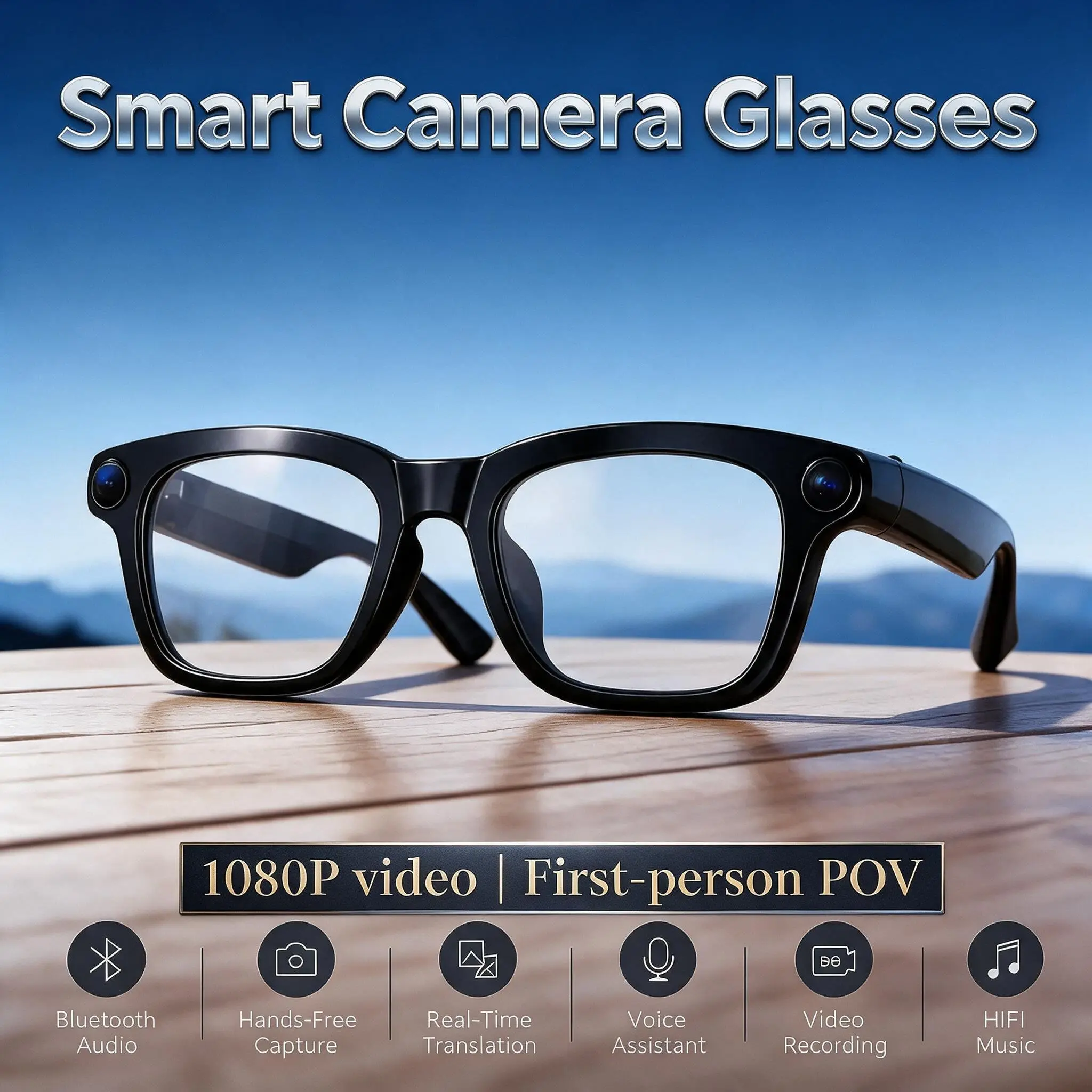 Modern Multifunctional Wearable Wireless Smart Glasses - Bluetooth 5.3, 8MP AI Camera, Photochromic UV Protection, Oval Frame, USB-C Charging, 32GB Storage, 160+ Languages Real-Time AI Translation, Hands-Free Video Recording for Hiking/Travel