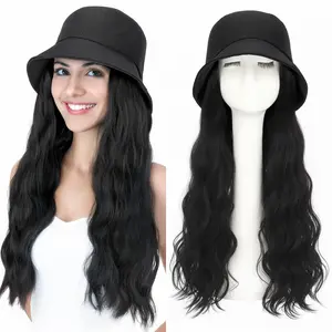 SEGOHAIR Cap with Hair Attached for Women Bucket Hat Wig Long Natural Wavy Hair Extensions With Hat Heat Resistant Synthetic Fiber Extensions 18 Inch Kinky Curly Wig Hyperrealism Wig