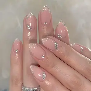 Glossy Shiny Rhinestones Fake Nails With Jelly Glue & Rubbing Strip, 24pcs Artificial Full Covers Manicure Nail Art Kit