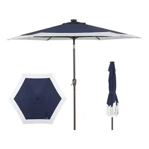 JONATHAN Y Spencer 9 ft. Classic Coastal 2-Tone Solar LED Market Patio Umbrella with 12 LED Strip Lights, Auto-Tilt, Crank and UV Protection  windproof