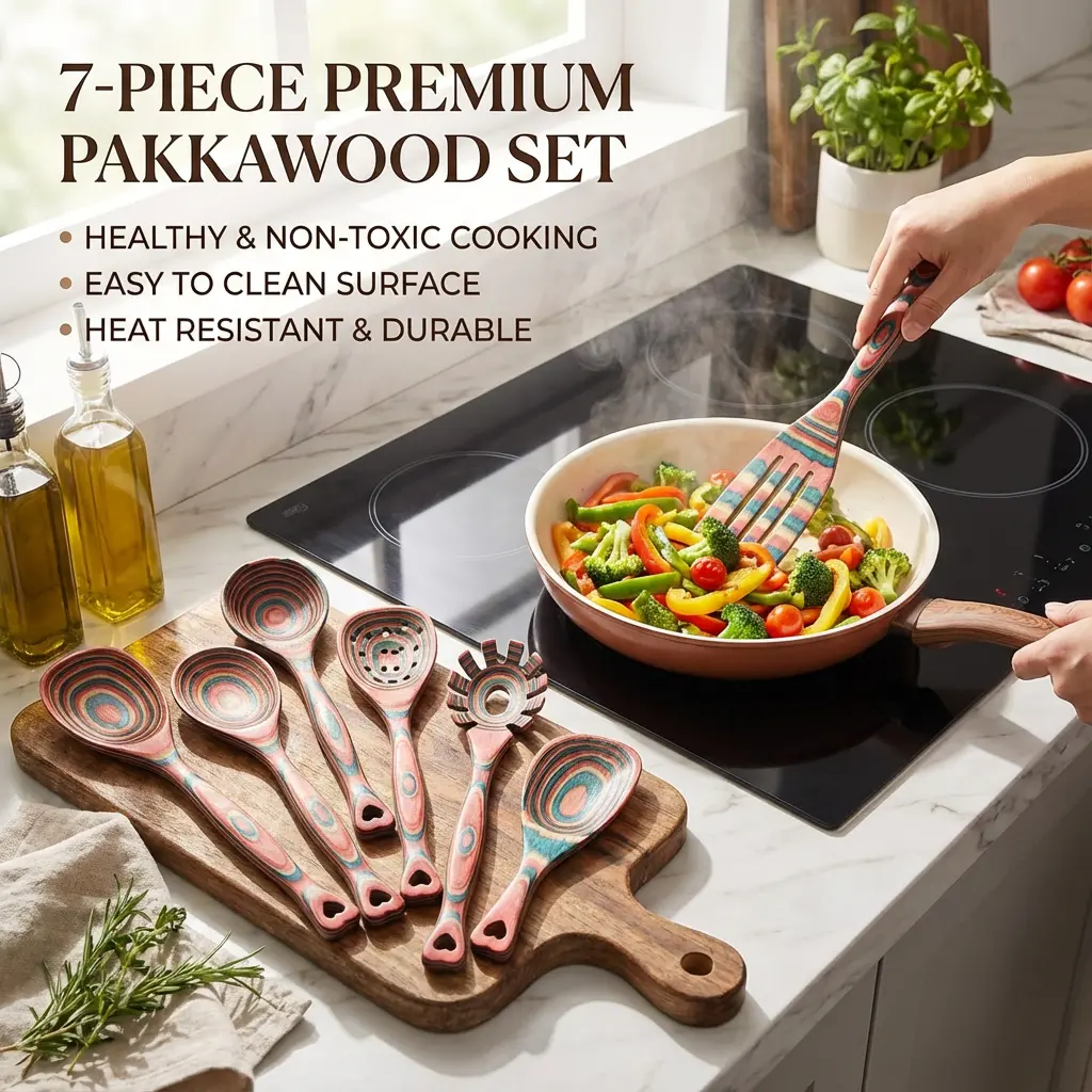 WOSPONFAN Pakkawood 7-Piece Wooden Cooking Utensils Set Pinkish-Orange Non-Stick Spoons for Non-Stick Cookware Rustic Aesthetic Kitchenware Valentine's Day Gift