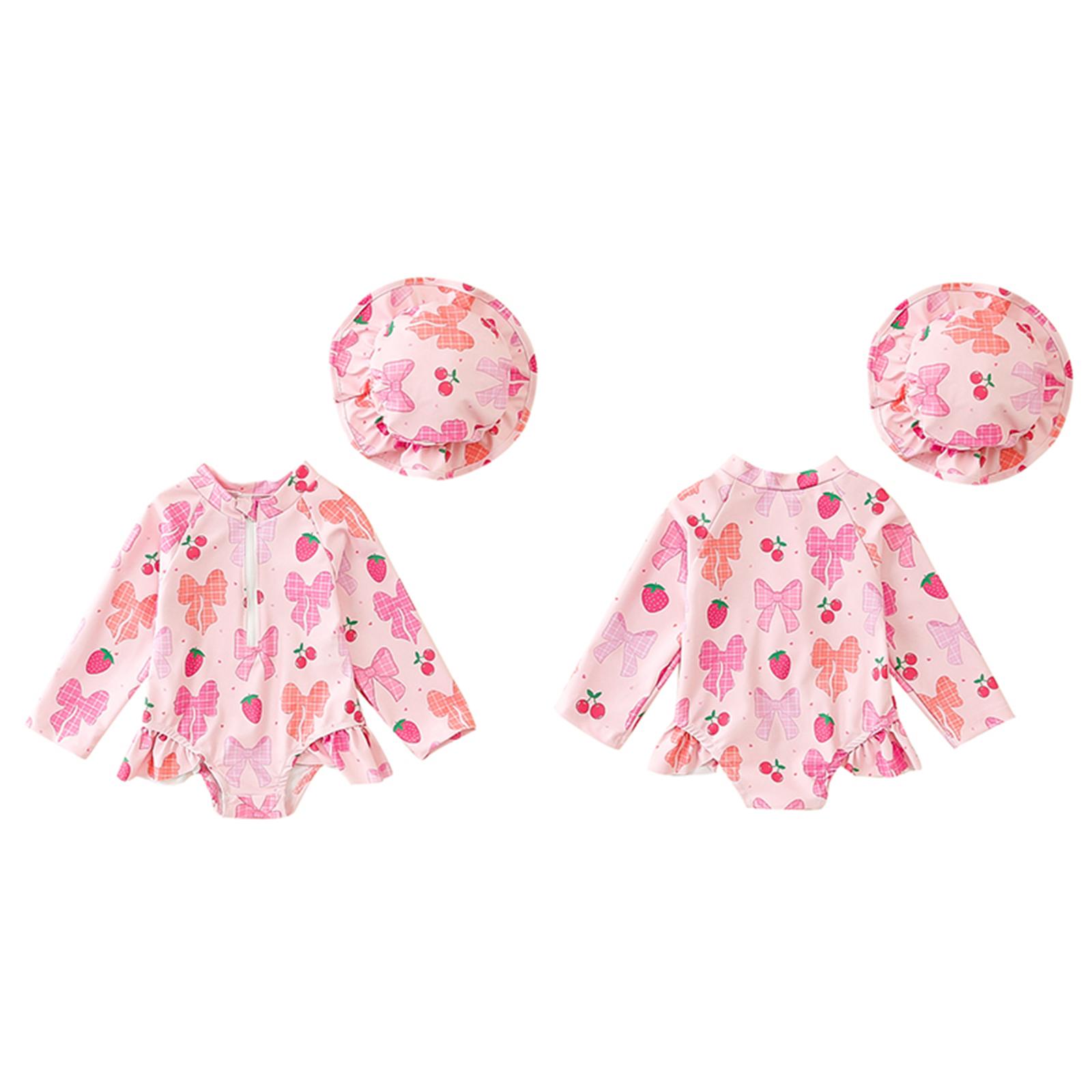 Baby girl cherry blossom two-piece swimsuit set - zipper long sleeved UV protection and sun protection, with ruffled edges and matching sun hat (0-3T)