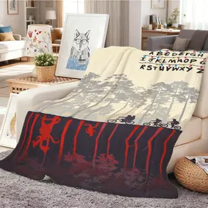 STRANGER Christmas Things Blanket-Intricate Scenic Forest with Silhouetted Bikers and Alphabet Detailing,Gift for STRANGER Christmas Things Fans,Outdoor Camping Travel Blanket,Versatile Accessory, Outdoor Enthusiasts,Eleven, Mike, Will, Dustin, Lucas,
