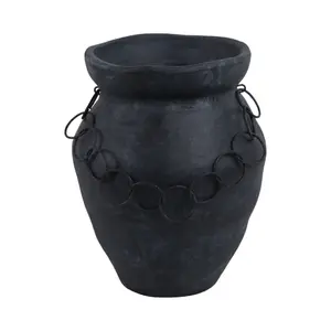 212 MAIN Large Rustic Decorative Vase - 12 in x 10 in Black Pottery Body with Chain, Home Decorative Vase for Home Supplies