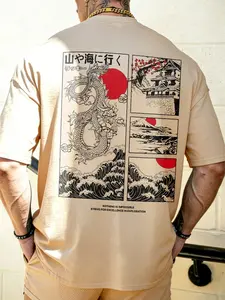 Men's Vintage Beige T Shirt Two Sided Print Japanese Dragon Castle Graphic Cotton Feel Soft Touch Fabric Manga Panel Aesthetic Top Summer Casual Nature Travel Tee for Outdoor Trip Menswear Tshirt Streetwear Tropical Crewneck