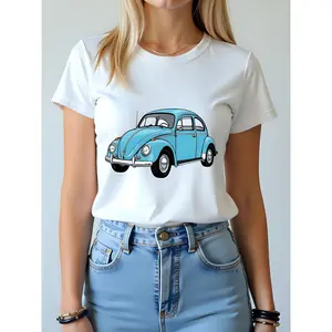 Retro Blue Volkswagen Beetle Graphic Women T-Shirt 180g White Cotton Round Neck Short Sleeve Casual Top Classic Car Print Tee Summer Fashion Trending Gift Plus size women