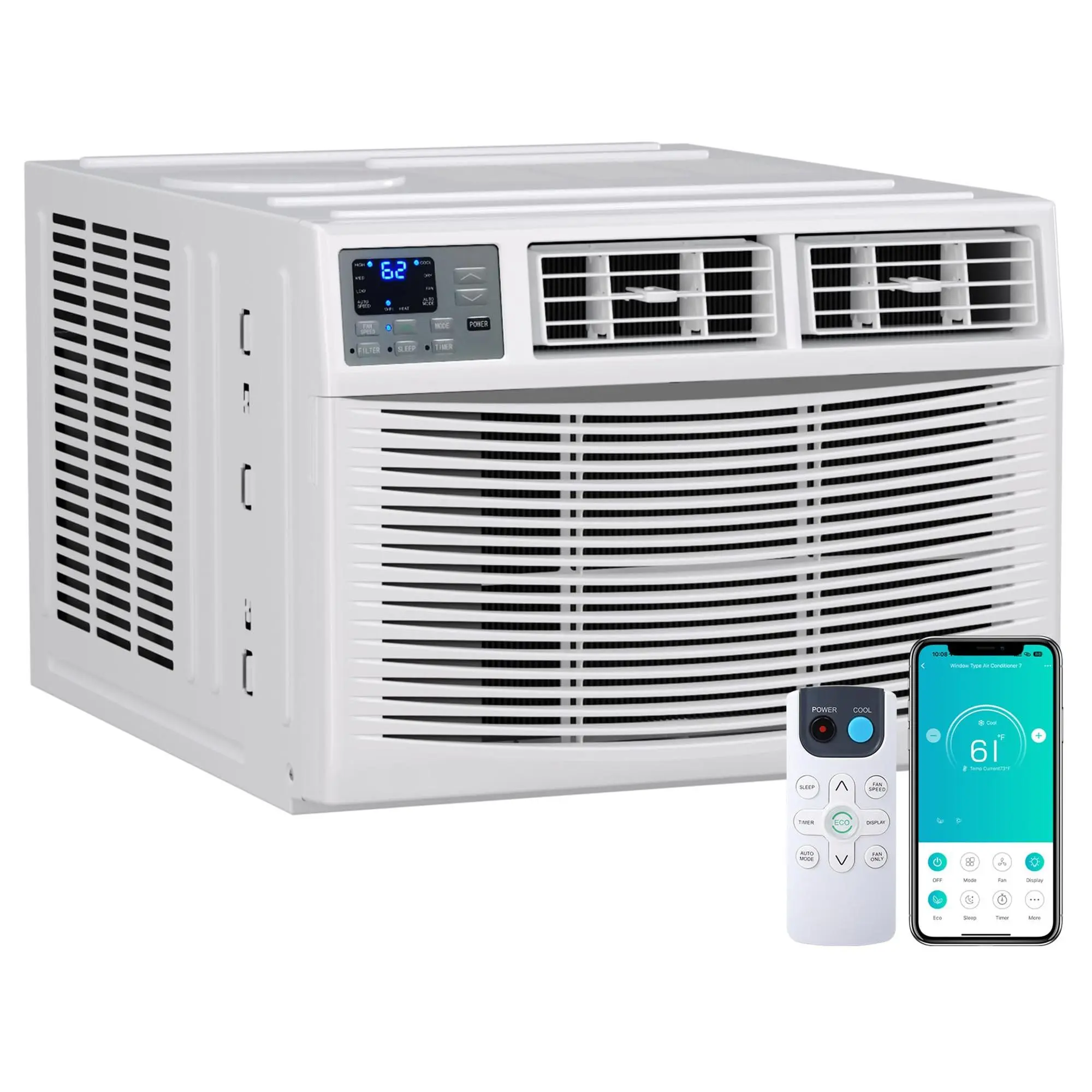 5-in-1 Window Air Conditioner-Heater Combo - Smart Energy Saver Mode Unit for Large Living Rooms, Bedrooms, Cooling, Heating, Dehumidifier, Quiet Fan, WiFi Remote, Easy Installation, Alexa/Assistant Compatible
