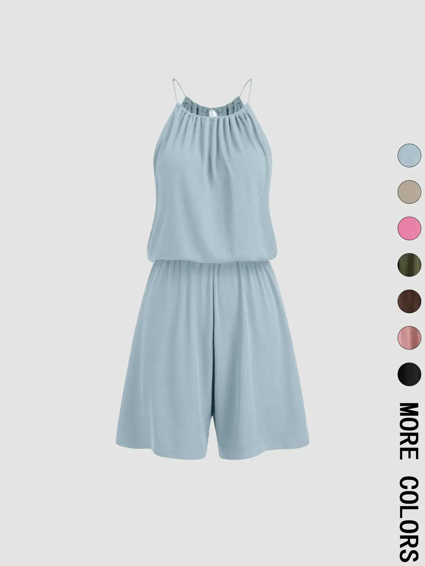 Women's Rib Knit Halter Neck Romper, Drawstring Tie Detail, Adjustable Elastic Waist, Multiple Color Options, Soft Stretchy Breathable Fabric, Casual Daily & Vacation Wear, Minimalist Casual Style