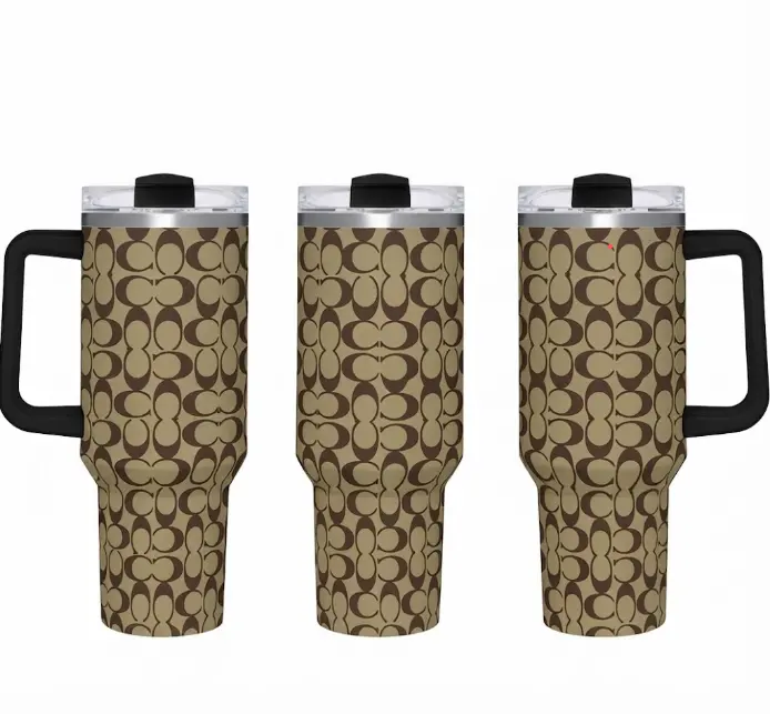 Classic Monogram's Print 40oz Tumbler with Handle & Straw, Neutral Beige Brown Monogram Pattern Stainless Steel Insulated Travel Mug, Leakproof Cup Fits Car Cup Holder, Luxury Inspired Everyday Gift