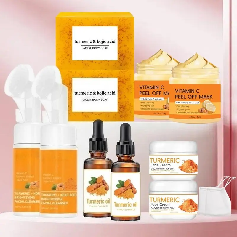 Turmeric Skincare Set, Soap & Mousse Cleanser & Oil & Peel Off Mask & Face Cream Set, Deep Cleansing & Nourishing Skin Care Set for Women & Men, Moisturizing Kit, Vitamin C