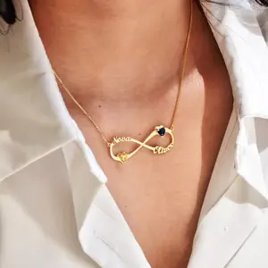 AS174 Customized Infinity Two Names Inlaid Birthstone Pendant Stainless Steel Personalized Necklace Couple Girlfriend Gift