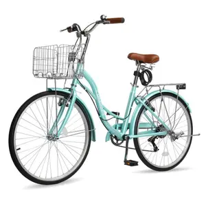 High-carbon steel 24-inch green commuter bicycle with V-brake and 7-speed gear system