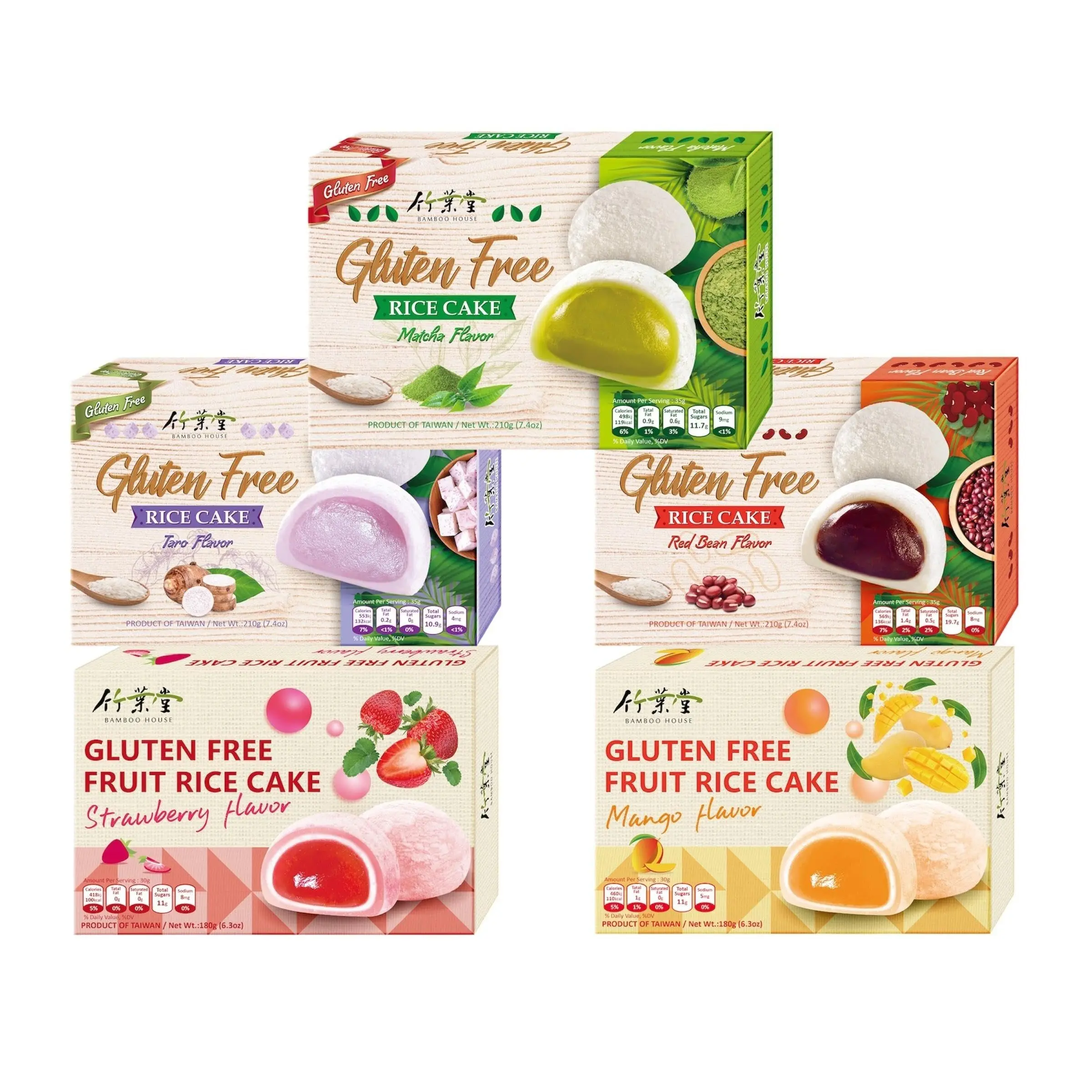 Bamboo House Gluten Free Taiwanese Mochi Rice Cake, Mango, Strawberry, Red Bean, Taro & Matcha Flavors, Soft & Chewy Sweet Rice Dessert, 6.3 oz