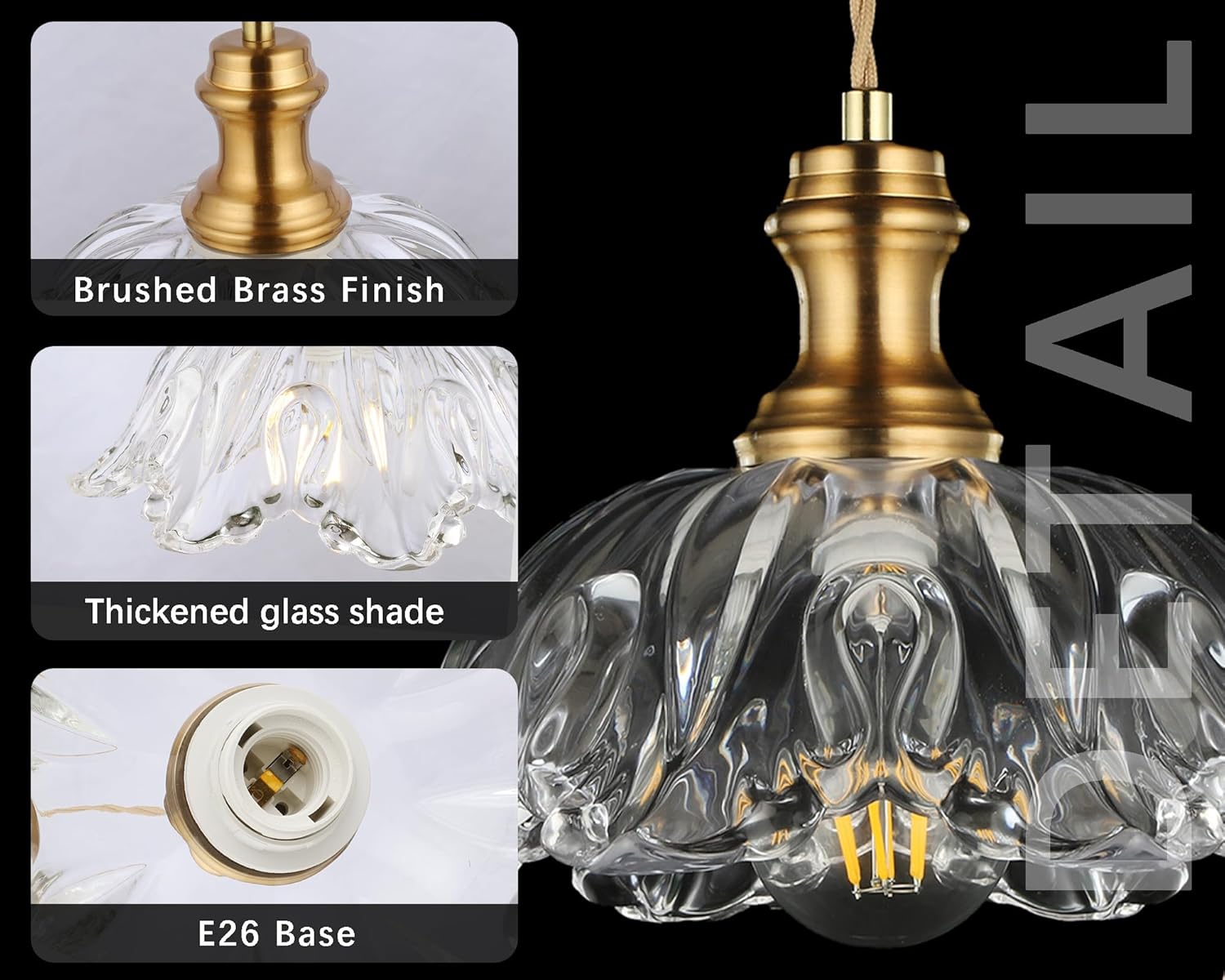Gold Glass Pendant Lights, 10.6" 1-Light Vintage Hanging Light Fixtures with Flower Clear Glass Antique Brushed Brass Pendant Lighting for Kitchen Island Sink Dining Room
