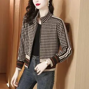 Elegant Houndstooth Print Women’s Zip-Up Cardigan – Medium Stretch, Easy Care; Classic Sweater for Ladies; Stylish Layering; Sophisticated Style; Comfortable Fit; Versatile Outerwear; Casual Outfit; Seasonal Wardrobe; Durable Material; Office Wear