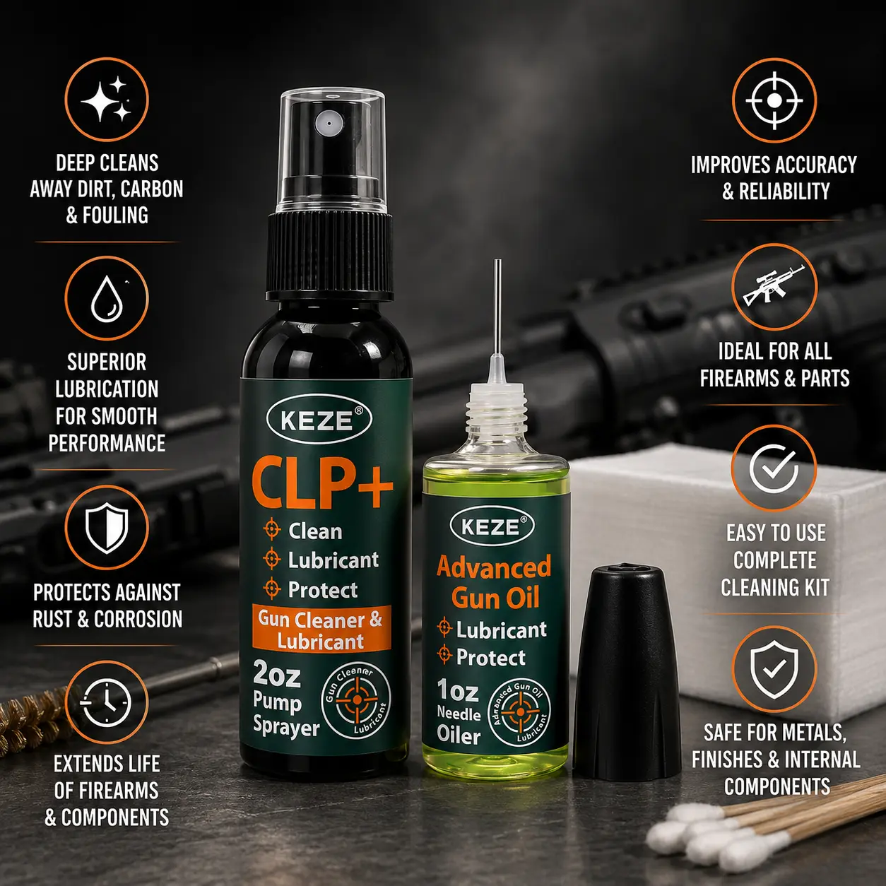 Keze Gun Cleaning Kit CLP Gun Oil and Cleaner Lubricant Pistol Solvent | 2 oz. CLP Sprayer & 1 oz. Synthetic Oil Needle Oiler, Cleaning Patches, Cleaning Swabs Clean Lubricate Prevent Rust