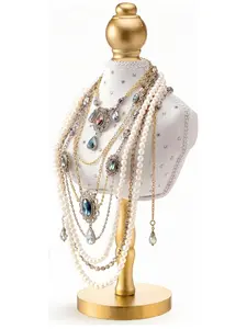 Exquisite Retro Diamond-Studded Velvet Necklace Display Stand (13.8" White, 1 Pack), Elegant Mannequin Bust for Closet, Bedroom, Wedding & Retail