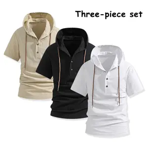 3-Pack Unisex Hooded Henley T-Shirts, Short Sleeve Casual Tops, Lightweight Drawstring Hoodie Shirts