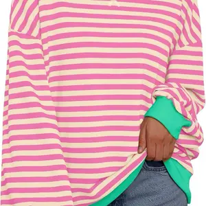 Women's Oversized Striped Crewneck Sweatshirt with Long Sleeve for Fall 2024 - Preppy Y2K Style - Womenswear, Pullover