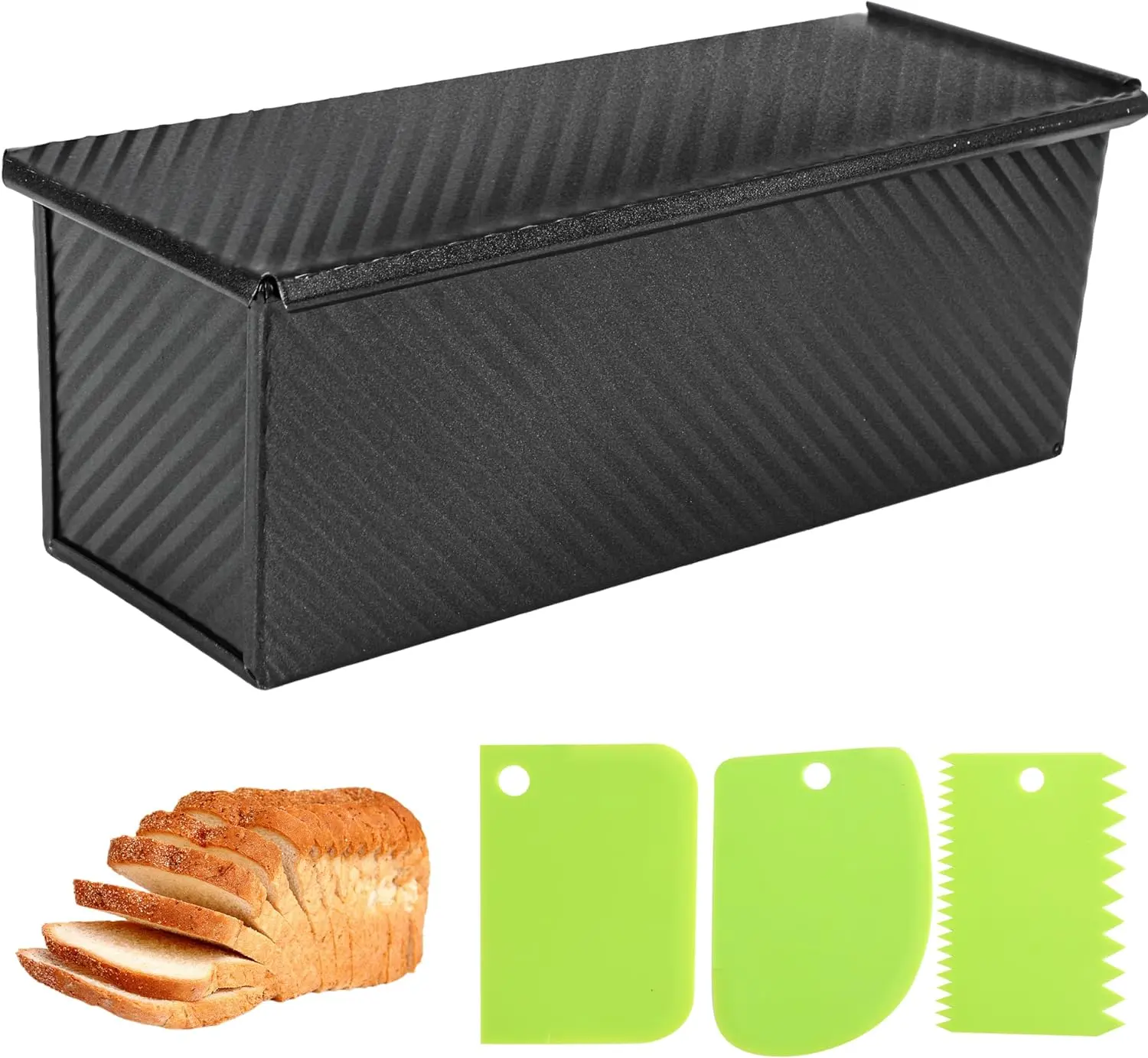 Spmarkt Non-Toxic Black Pullman Loaf Pan with Lid, 2.2lb 13inch Full-Size Bakeware with Dough Scraper Cutter for Baking Shokupan Sandwich Bread, Non Toxic Bakeware