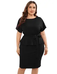 Plus Size Peplum Bodycon Midi Dress | Tie Waist Batwing Sleeve Work Dress for Curvy Women, Multiple Colors